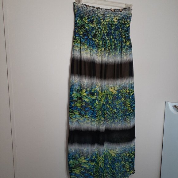 STRAPLESS Smocked high-Low dress blue/Green - Picture 4 of 4